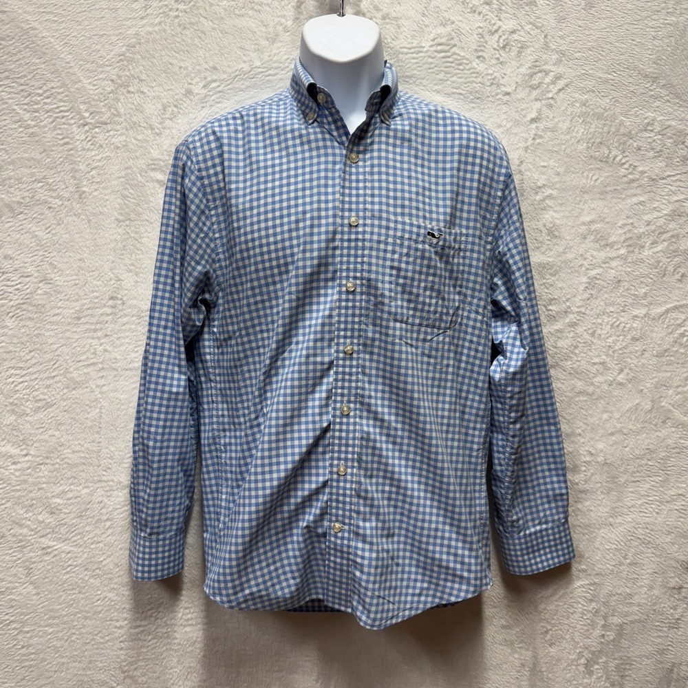 Vineyard Vines Performance Trucker Shirt Mens Small Blue Check Nylon Classic Fit